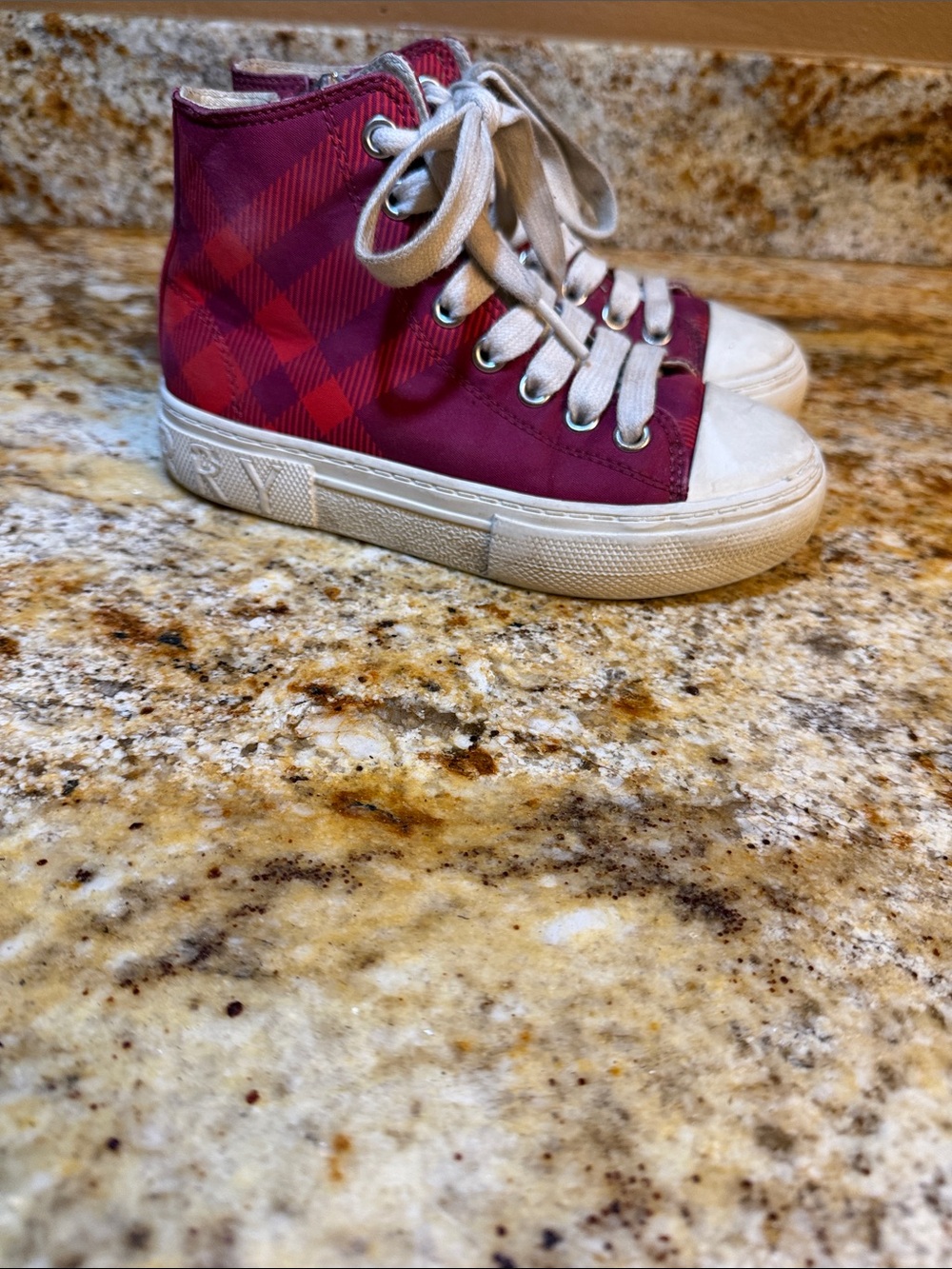 Burberry Kids High-Top Sneakers in Burgundy Plaid with White Soles